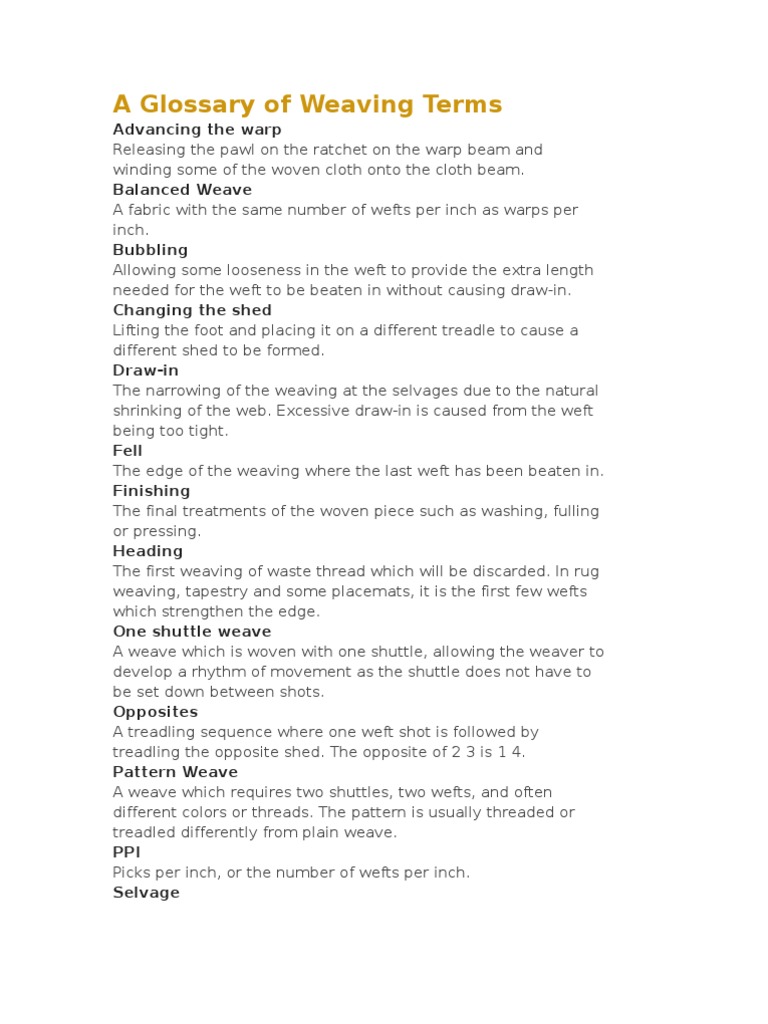 A Glossary of Weaving Terms PDF Loom Weaving