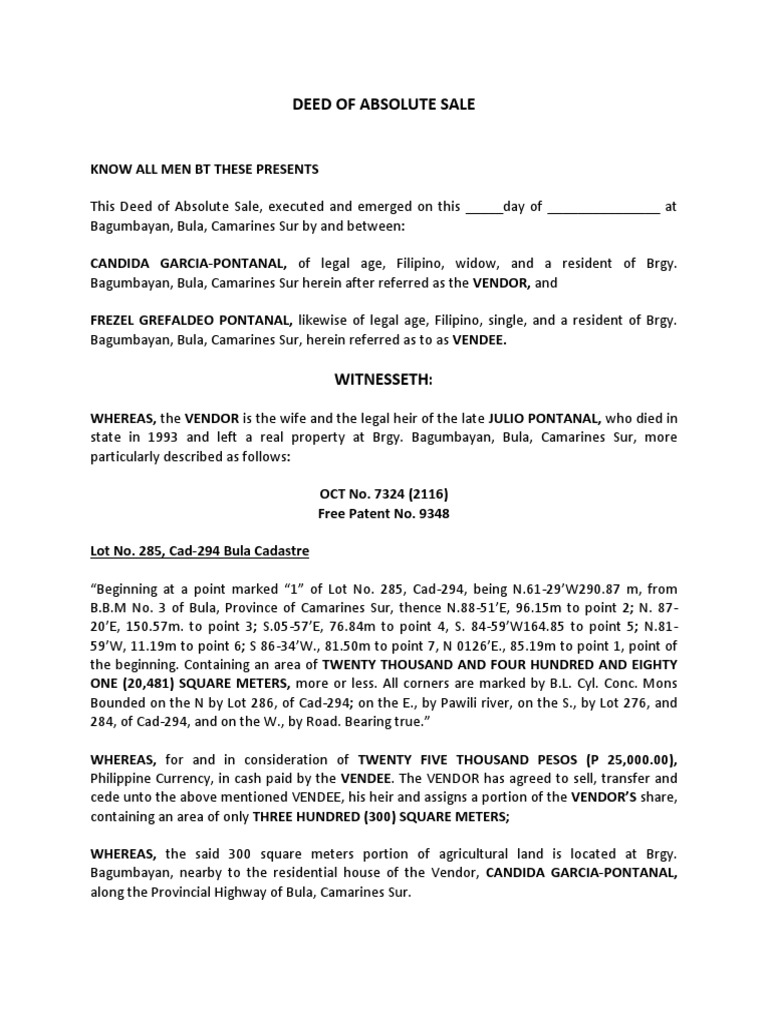 Deed of Absolute Sale Atar PDF Real Property Law Mortgage Law