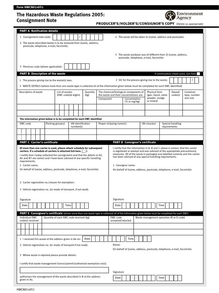 Hazardous Consignment Note Blank Hazardous Waste Email