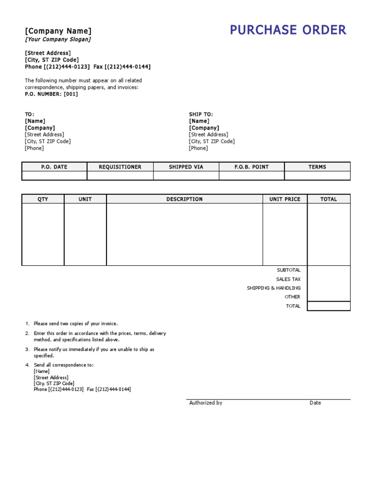 Purchase Order format sample