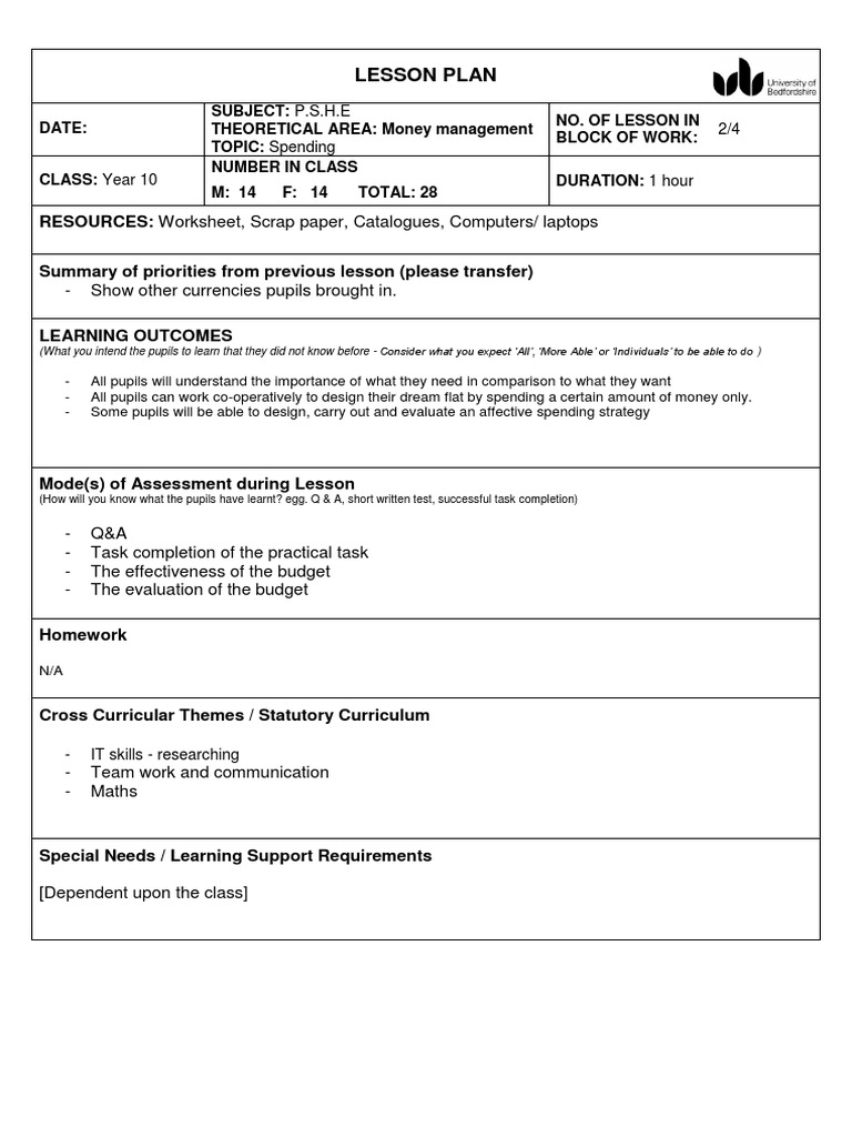 PSHE Lesson Plan - Money Management | Download Free PDF | Evaluation ...