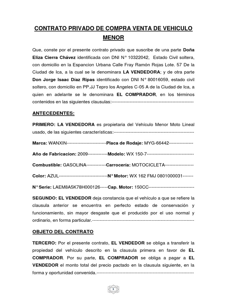 Contrato Privado de Compra Venta de Vehiculo Menor Cristian | PDF |  Propiedad | Gobierno