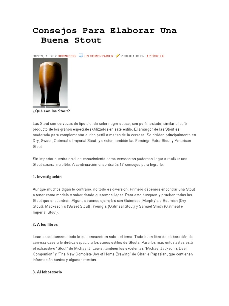 Consejos para Elaborar Una Buena Stout | PDF | Cerveza | Bebidas a base de  malta