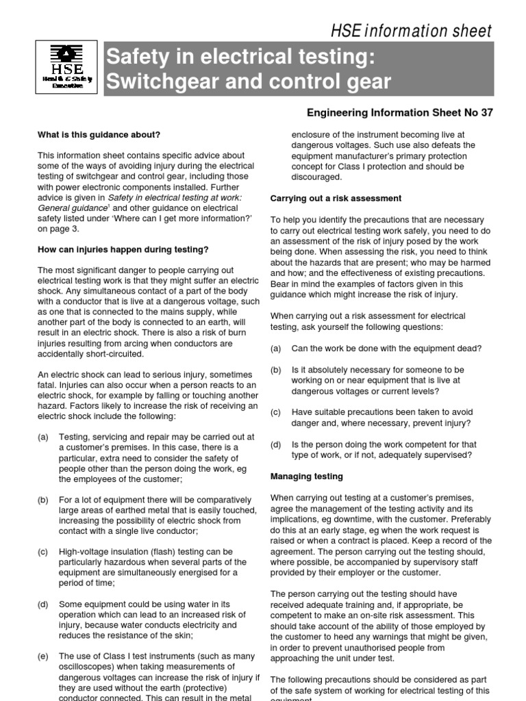 Safety in Electrical Testing: Switchgear and Control Gear: HSE ...