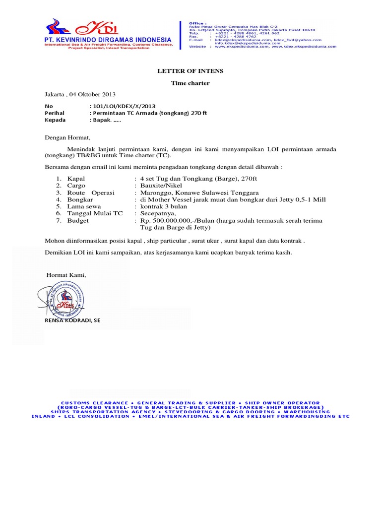 Letter Of Intens Tc 270 Ft Cargo Nikel Di Moronto Dan Konawe