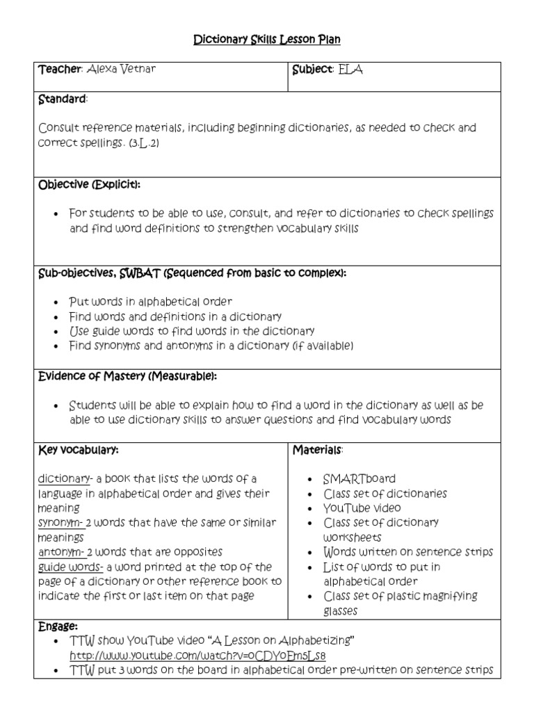 dictionary skills lesson plan Dictionary Lesson Plan