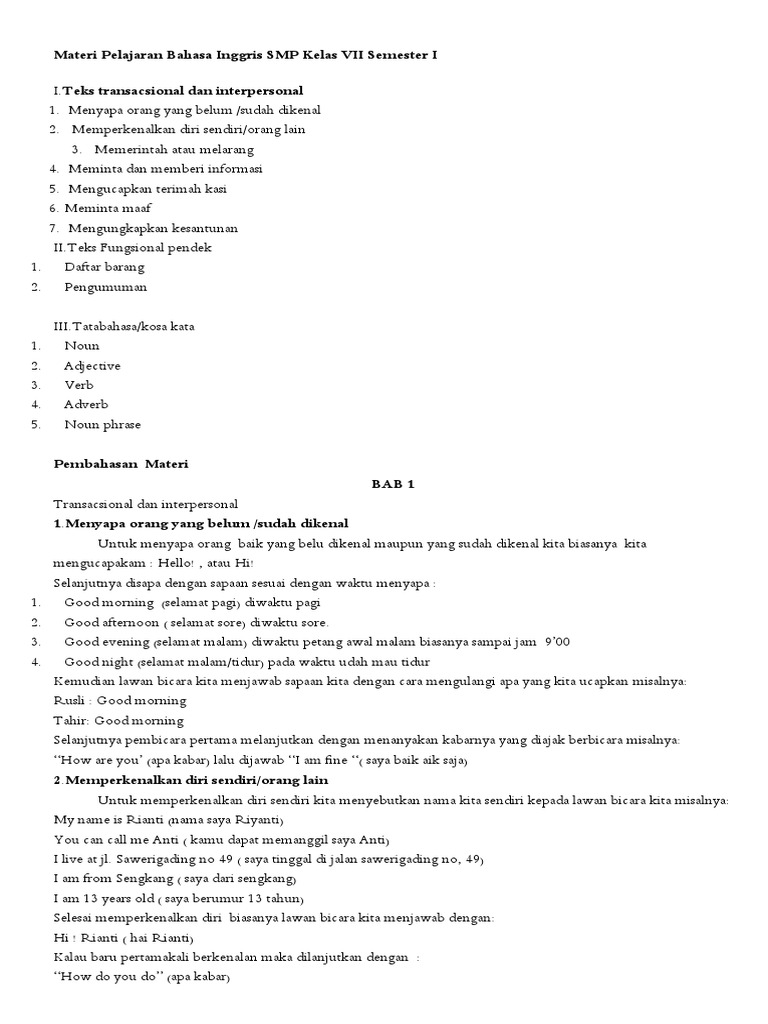 Materi Pelajaran Bahasa Inggris SMP Kelas VII Semester I | PDF