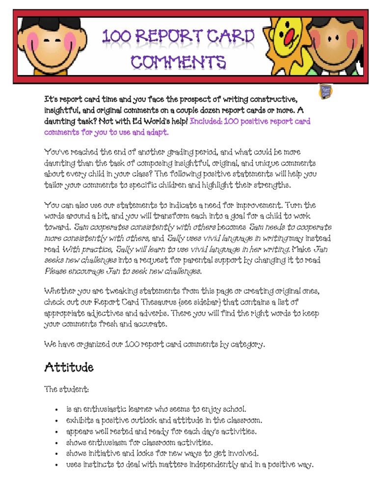 100 Report Card Comments | Classroom | Homework