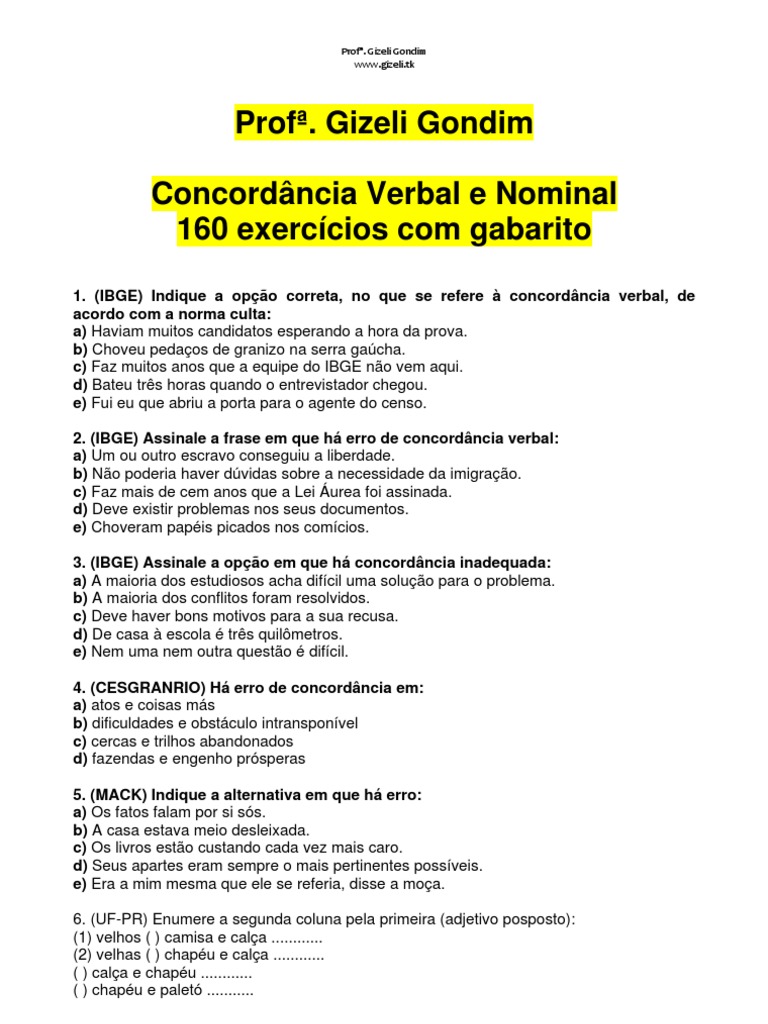 Exercícios De Concordância Verbal 8o Ano Com Gabarito