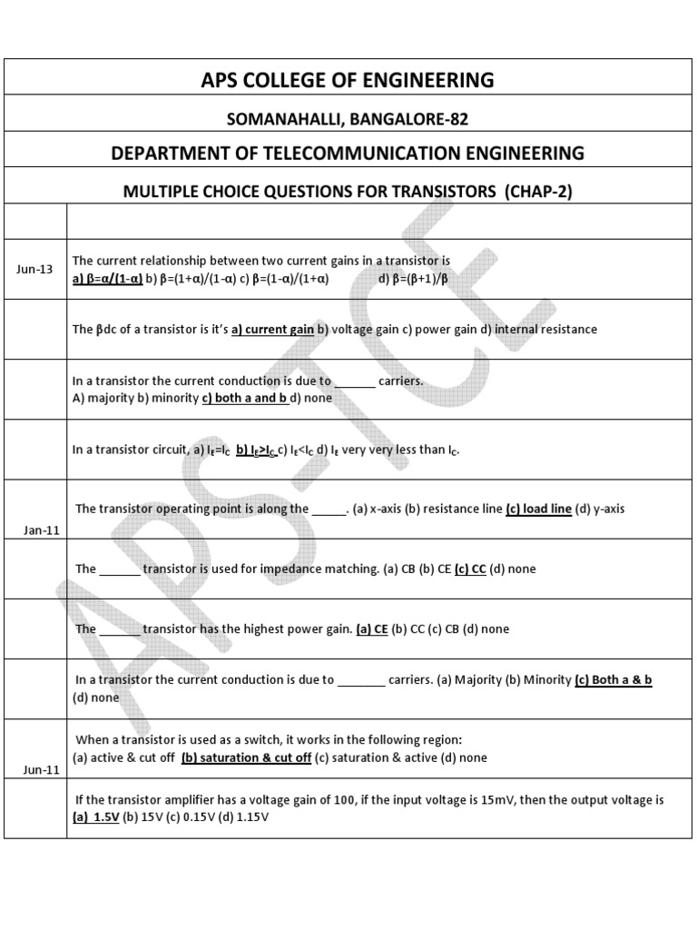 Transistors Mcqs PDF Bipolar Junction Transistor Transistor