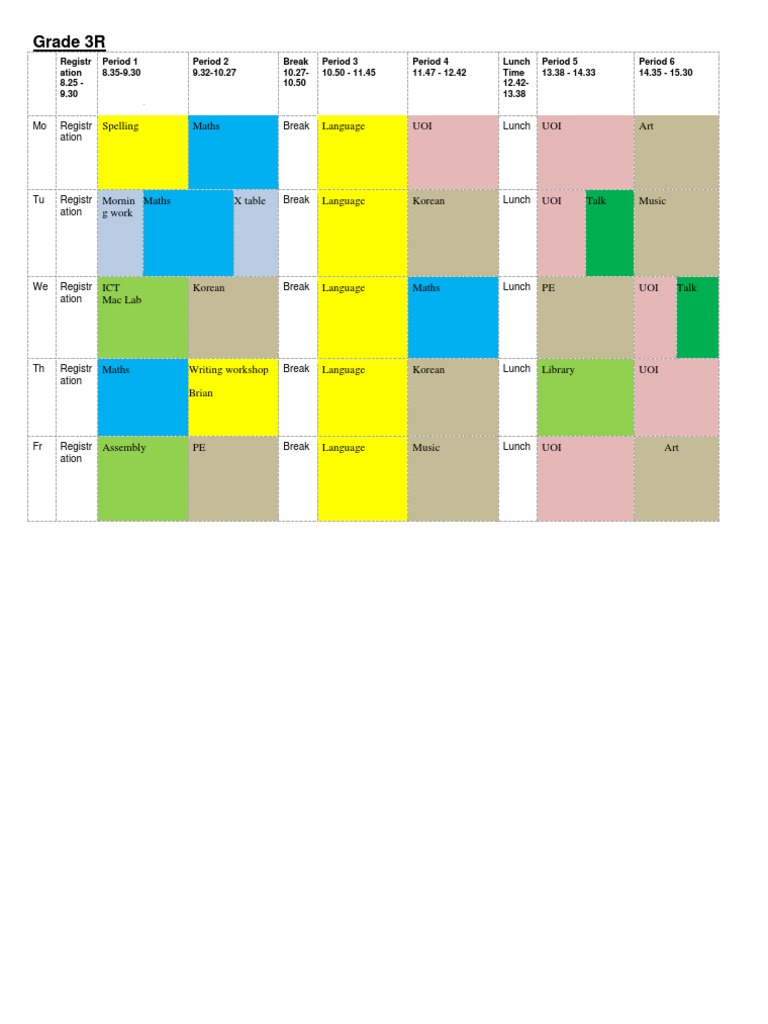 Grade 3R Weekly Schedule Overview | PDF | Foreign Language Studies