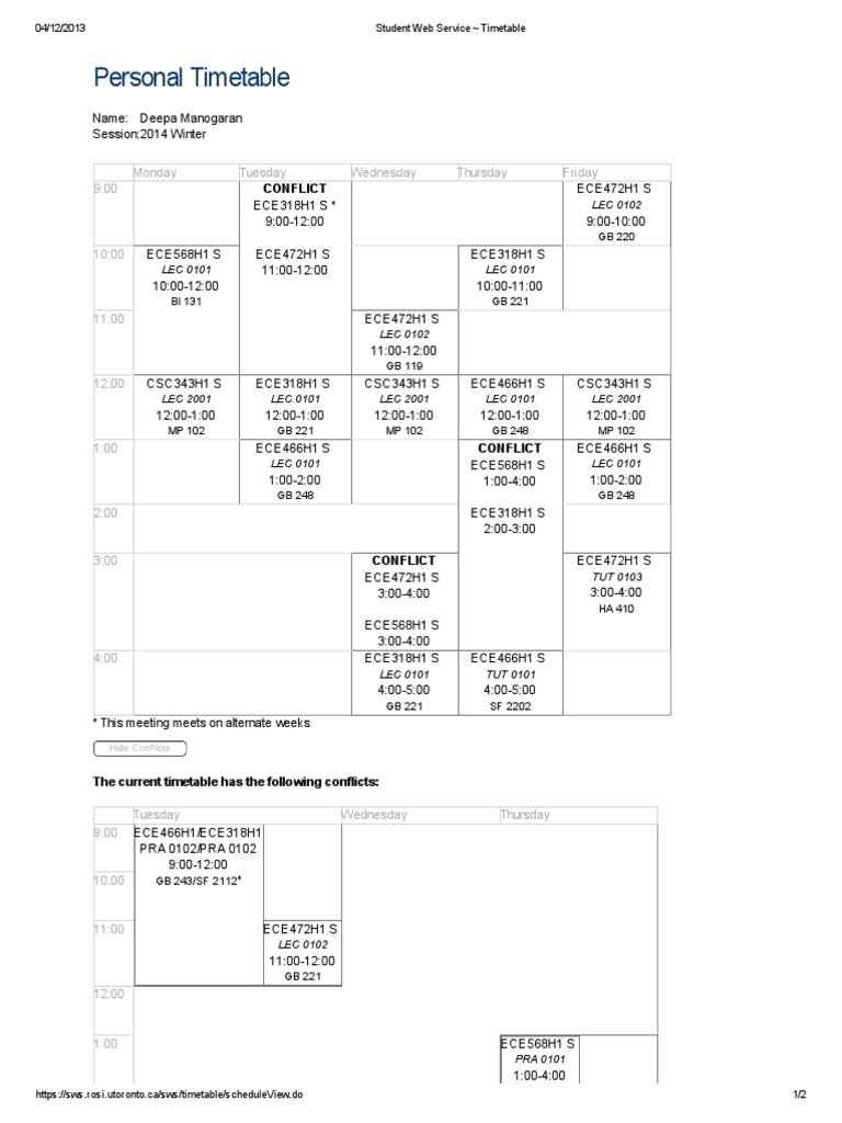 UofT Winter 2014 Timetable Conflicts | PDF