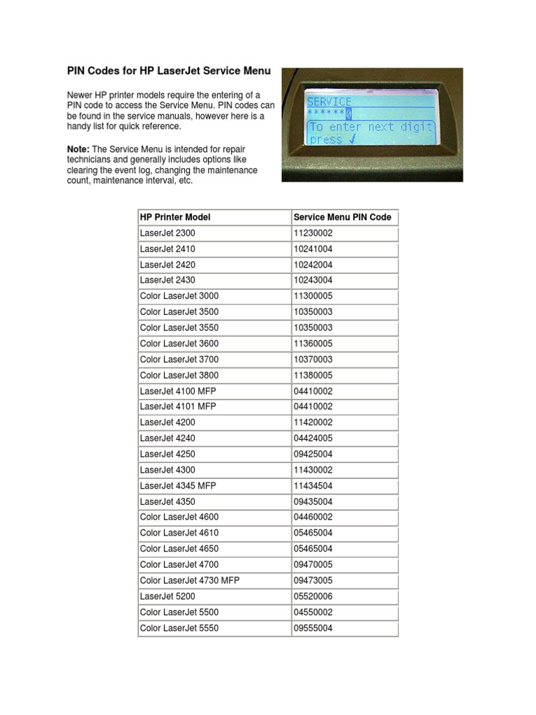 HP LaserJet Service Menu PIN Codes | PDF | Business | Technology ...