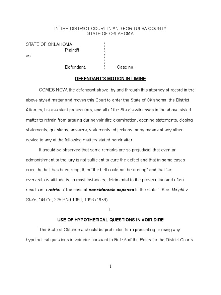 MOTION in Limine General Criminal Prosecutor Hearsay