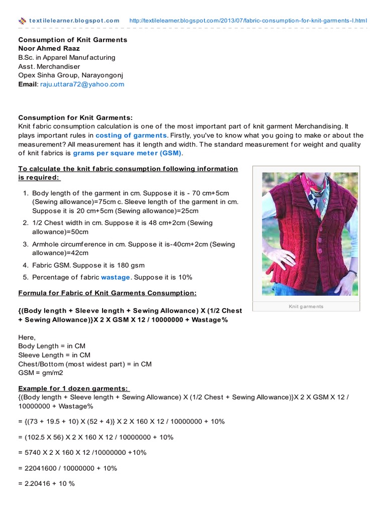 Fabric Consumption For Knit Garments Knit Fabric Consumptio Calculation