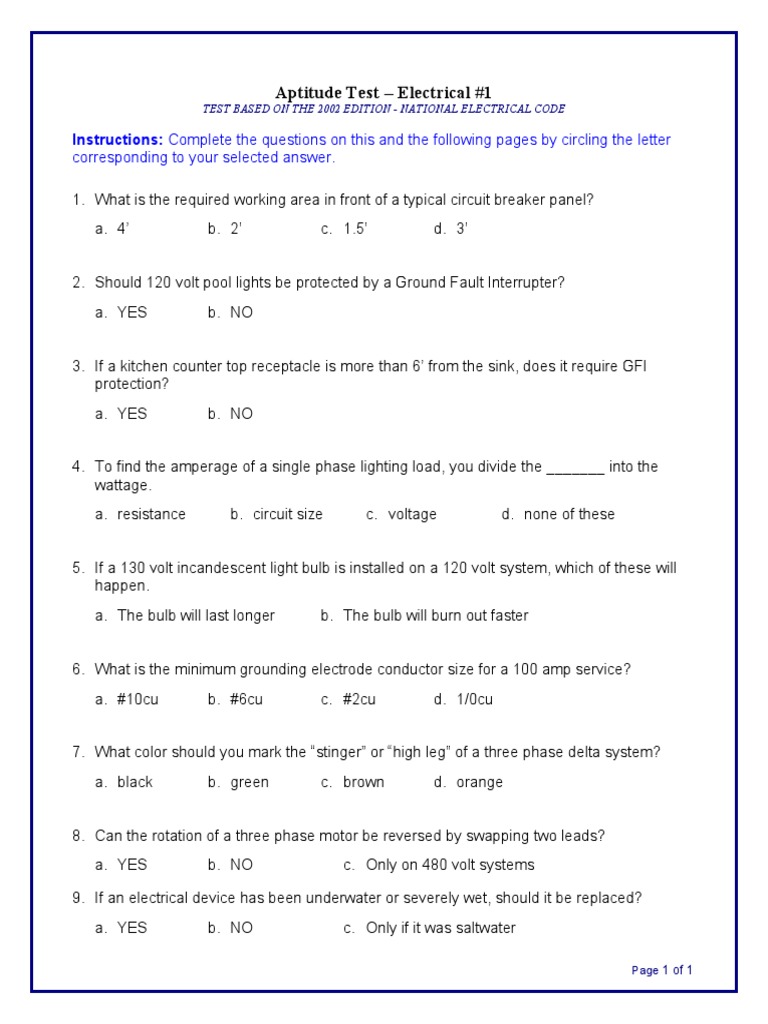 Electrical Apprenticeship Aptitude Test Questions