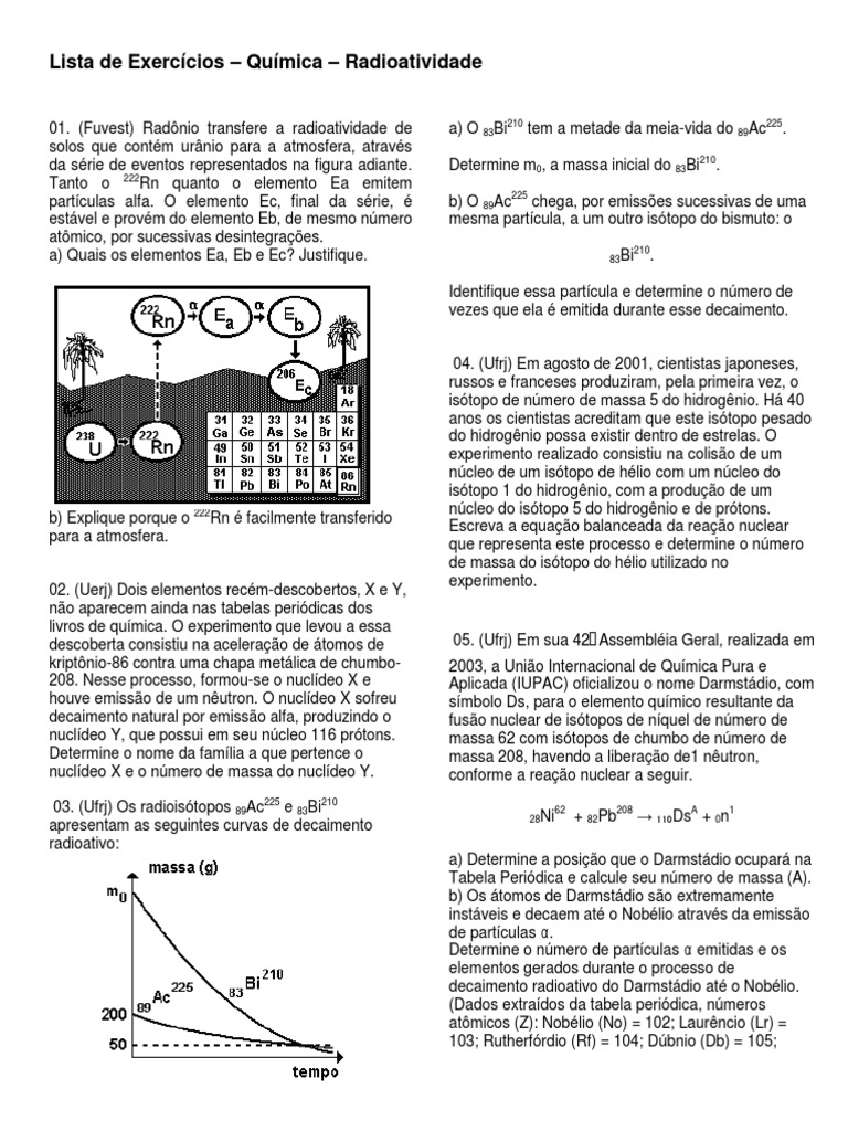 Exercícios de Química: Radioatividade | PDF | Radioatividade | Átomos