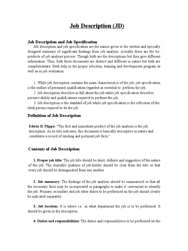 Hr Job Description &Job Specification Specification (Technical