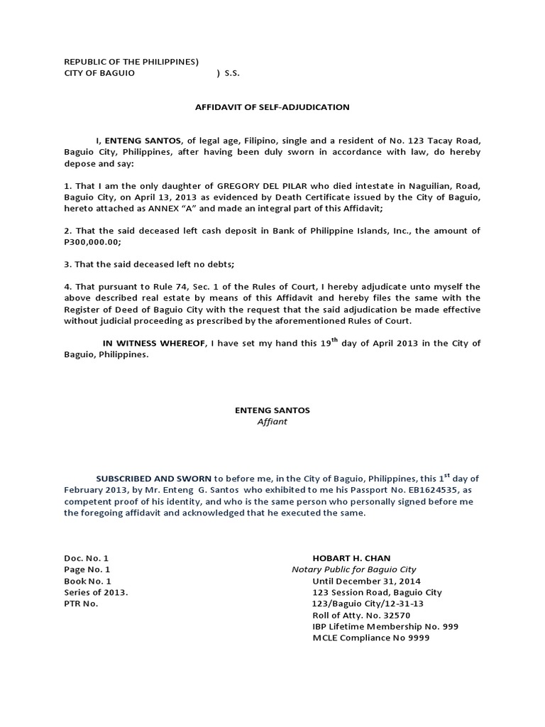 Affidavit of Self-Adjudication Sample | PDF