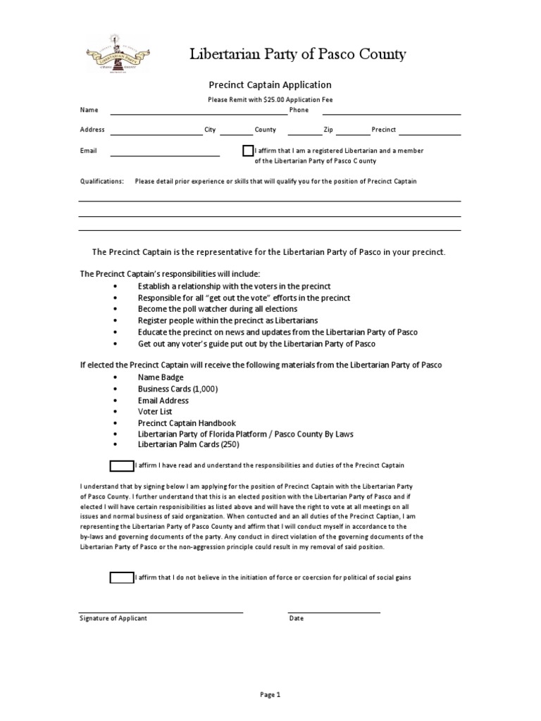 Pasco County Libertarian Captain Application | PDF