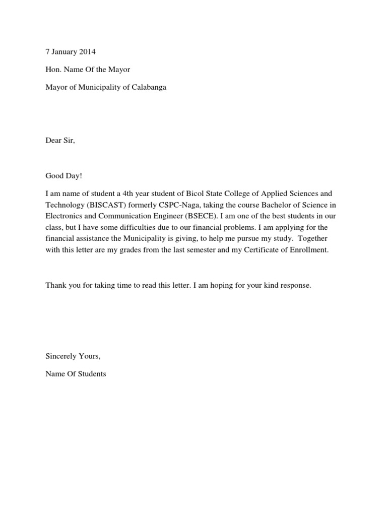 application letter for scholarship address to mayor