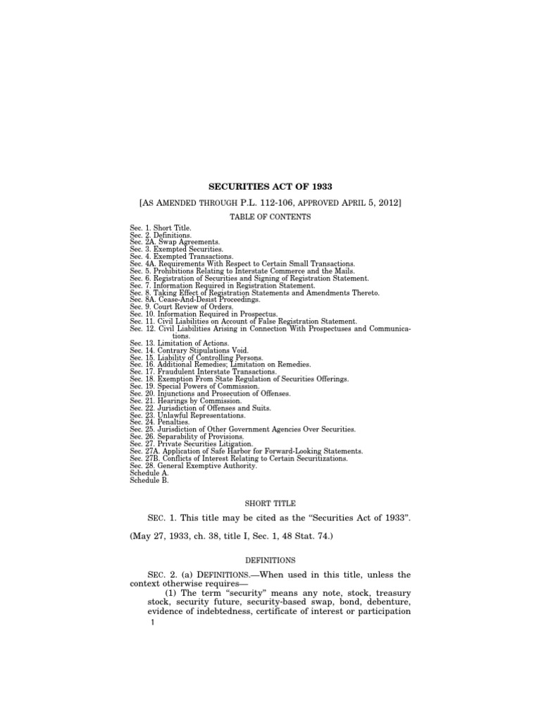 Securities Act of 1933: S Mended Through Approved Pril | PDF ...