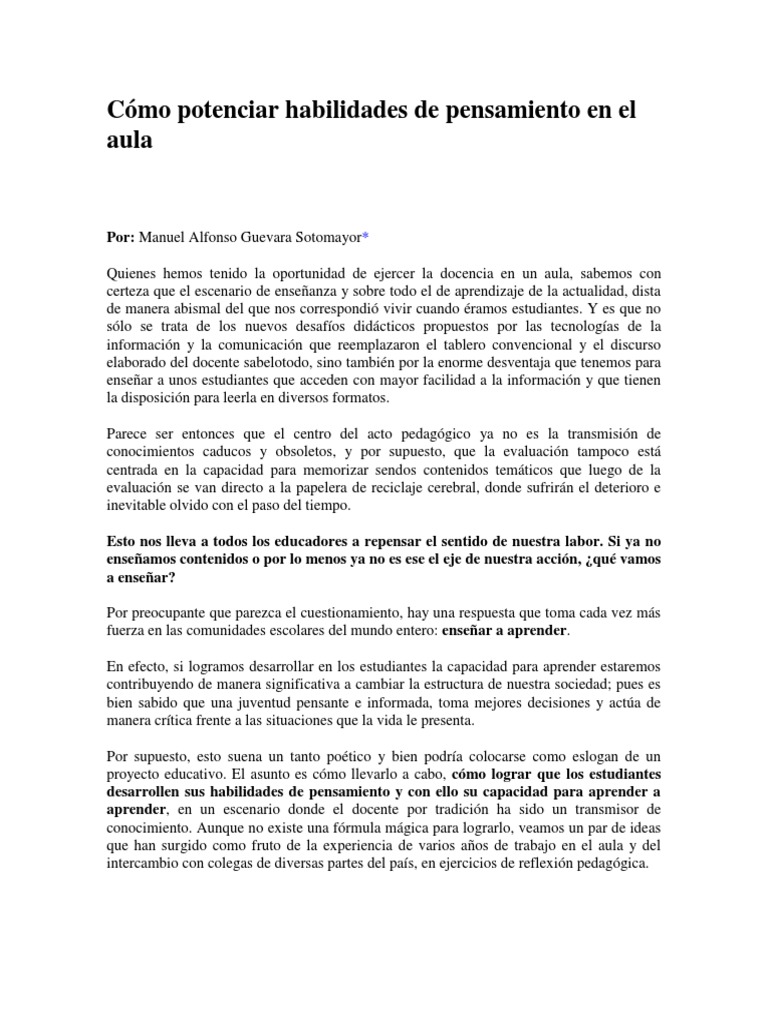 Desarrolla habilidades de pensamiento en el aula | PDF | Aprendizaje ...