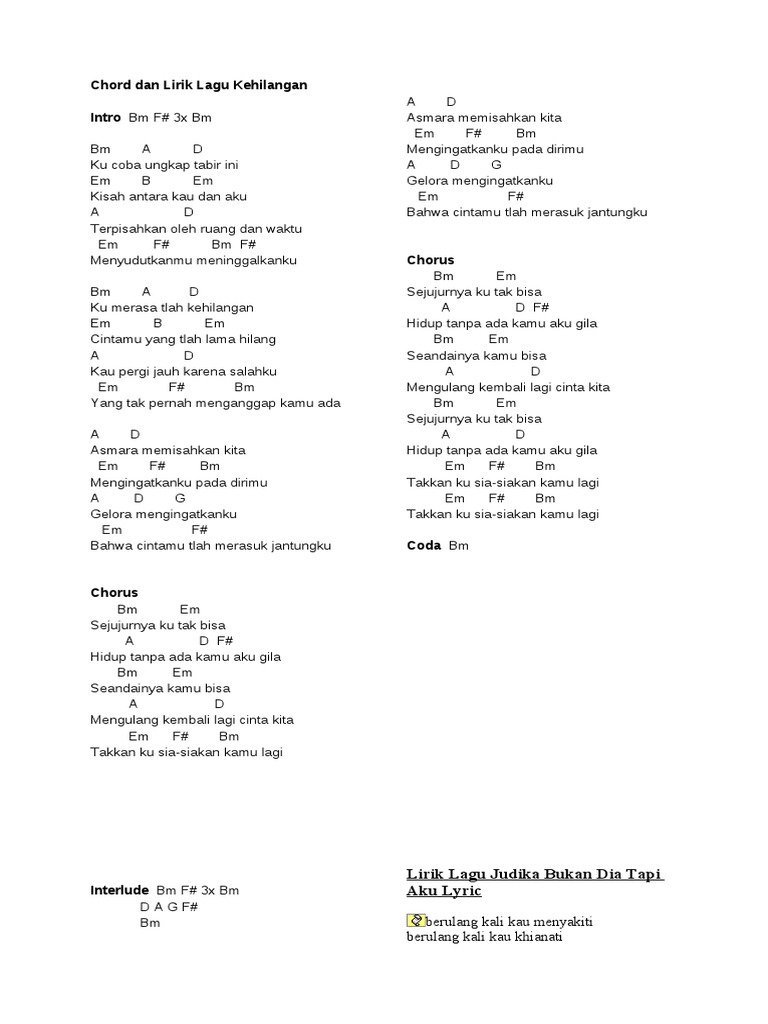 Chord Dan Lirik Lagu Kehilangan Intro Bm F 3x Bm Bm Ad Ku Coba Ungkap Tabir Ini Em B Em Kisah Antara Kau Dan Aku
