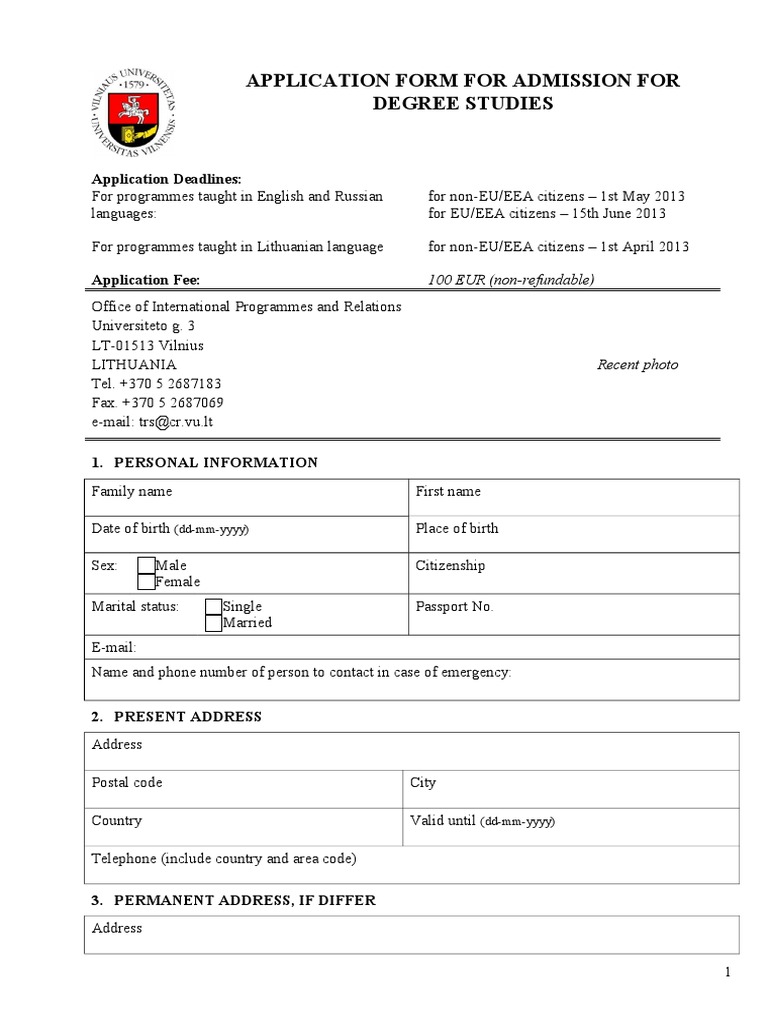 Vilnius University Admission Application Form | PDF | Further Education ...