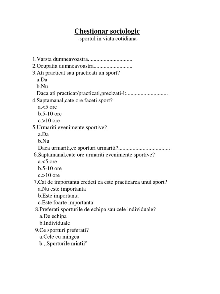 chestionar sociologic model