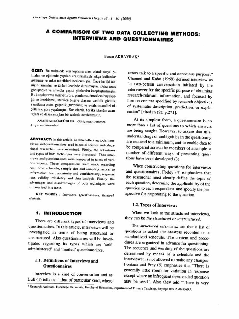 Interview Vs Questionnaires PDF Survey Methodology Questionnaire