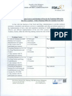 Training Courses and Schedule of Fees For The Trainings Offered by The FDA Academy - Policy Planning Office For Calendar Year 2014