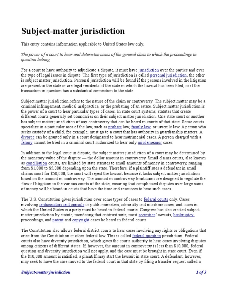 Subject Matter Jurisdiction Subject Matter Jurisdiction Diversity