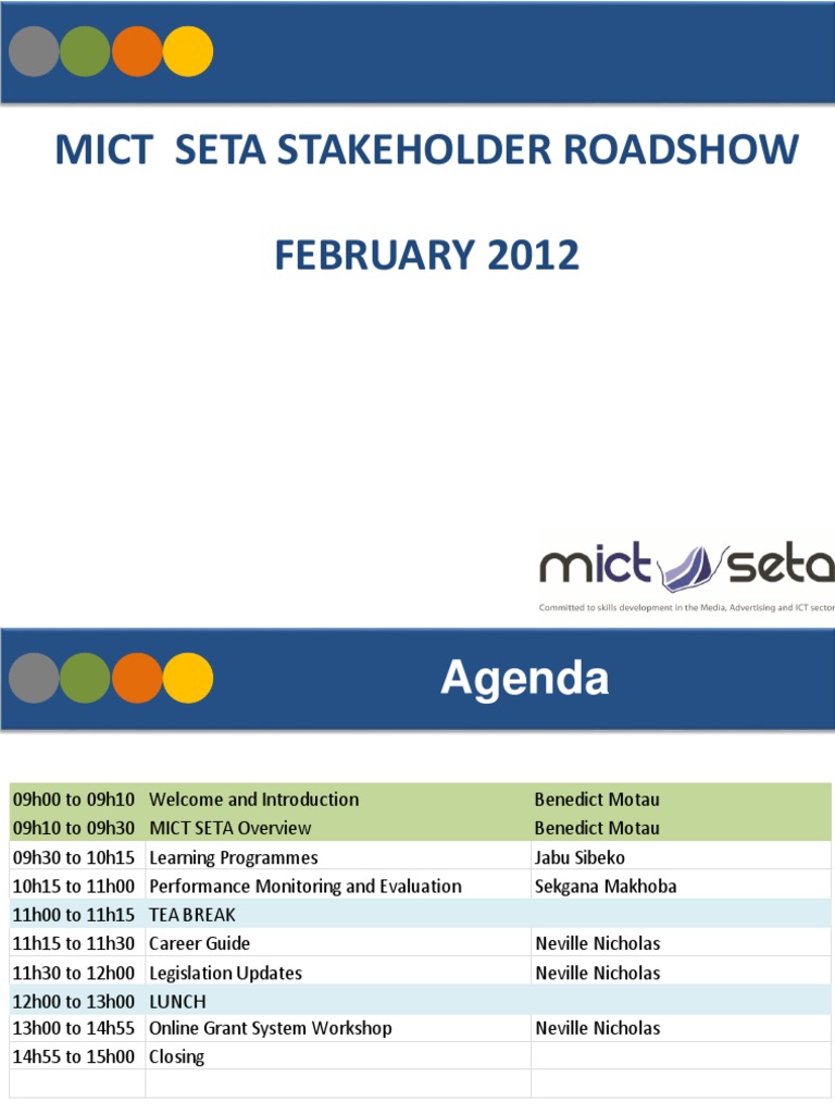 MICT SETA Stakeholder Roadshow Agenda | PDF | Monitoring And Evaluation ...