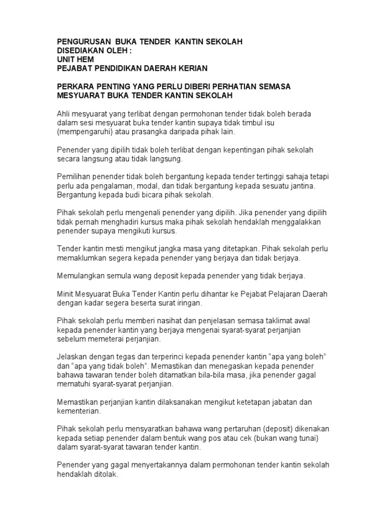 Pengurusan Buka Tender Kantin Baru Pdf