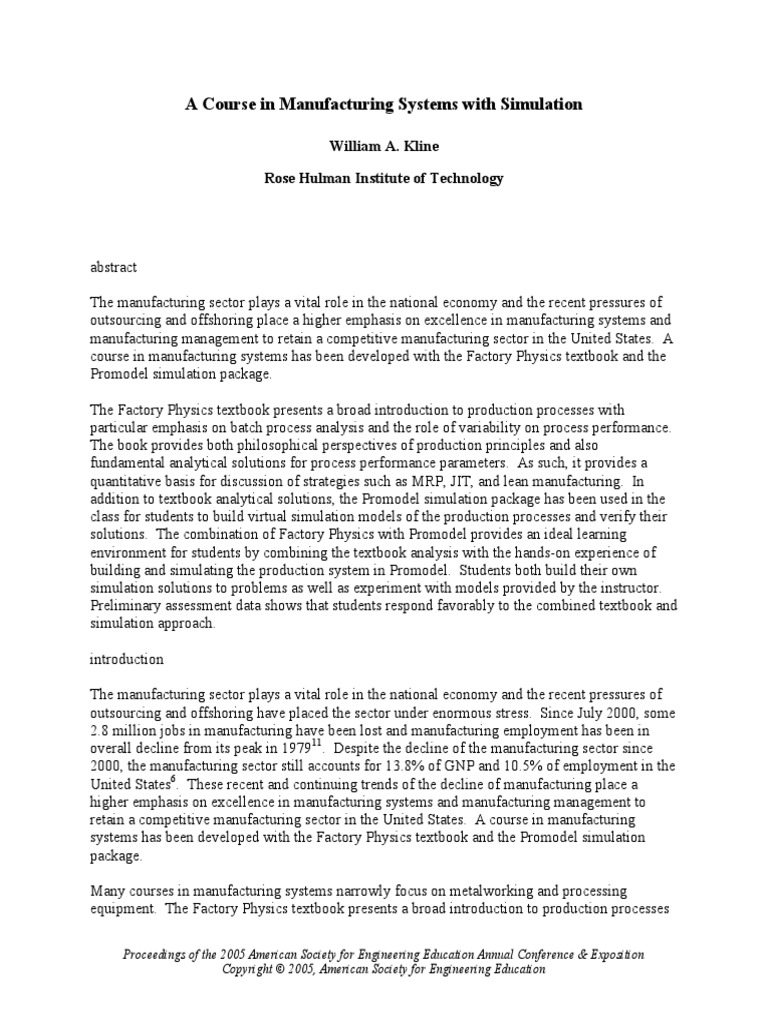 A Course in Manufacturing Systems With Simulation | PDF | Operations ...