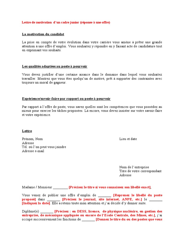 Lettre Motivation Dun Cadre Junior Reponse Une Offre
