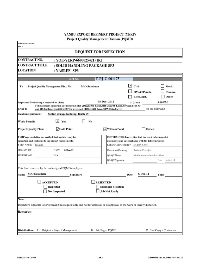 Inspection Request Form for YERP | PDF