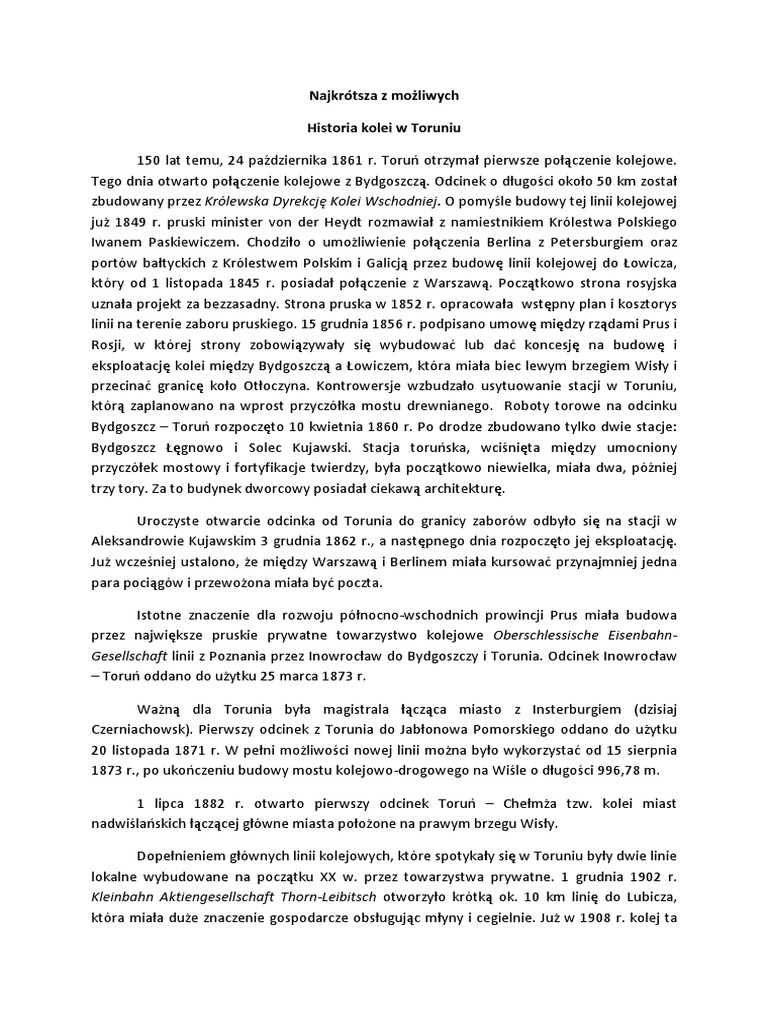 Historia Kolei W Toruniu | PDF