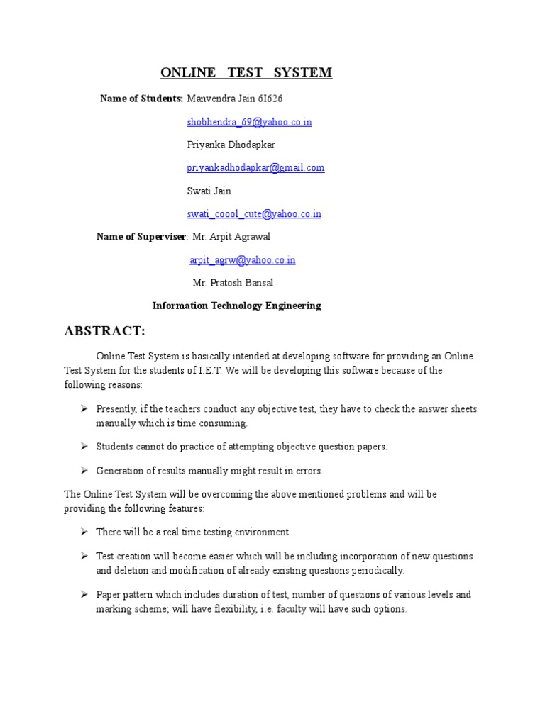 Synopsis of The Project Online Test System | PDF | Java Server Pages ...