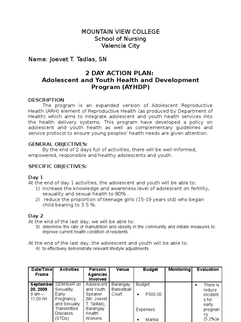 2 Day Action Plan: Adolescent and Youth Health and Development Program ...