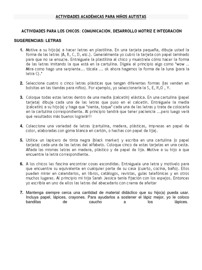 Actividades Académicas Para Niños Autistas