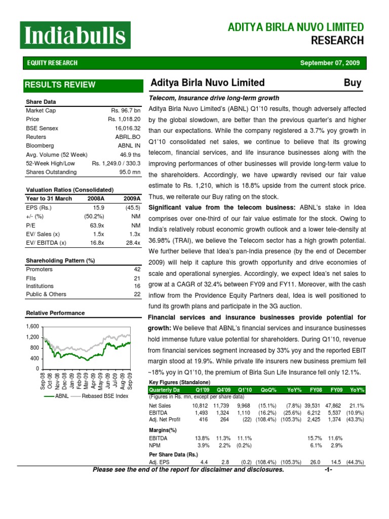 Aditya Birla Nuvo Q1'10 Growth Analysis | PDF | Insurance | Investing