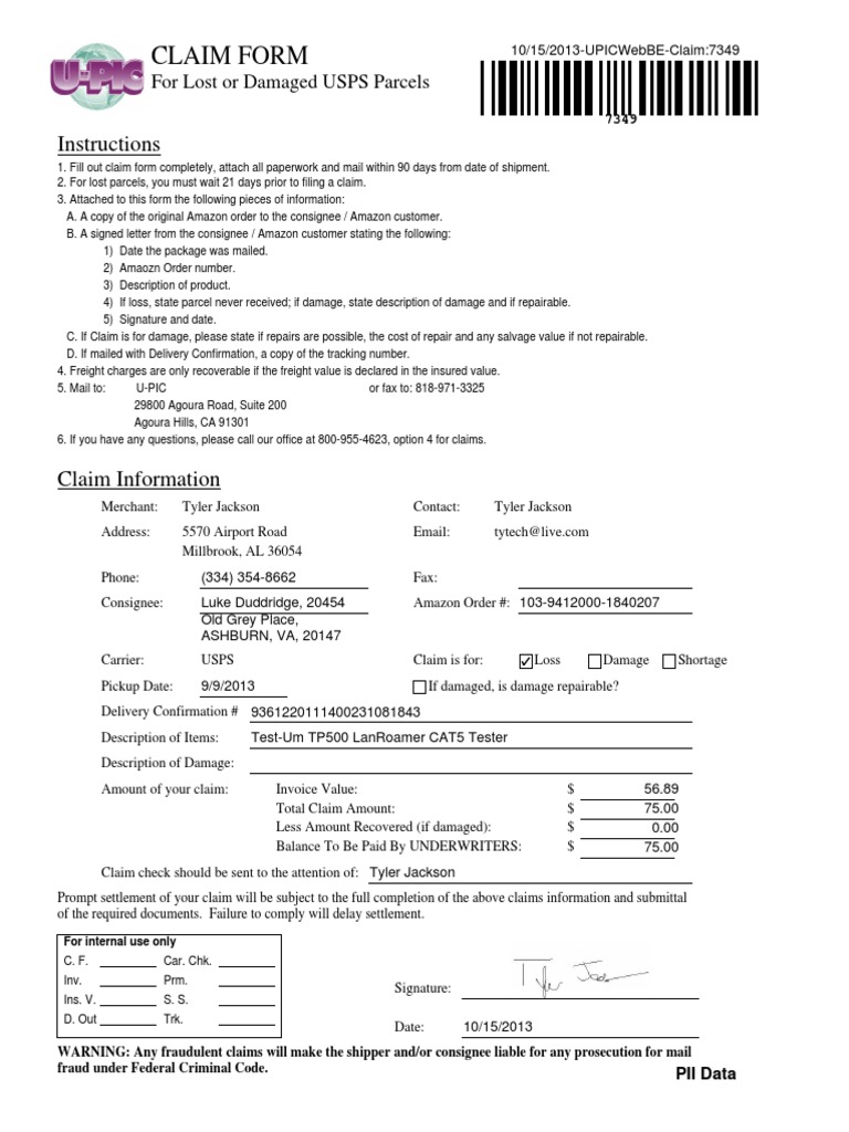 USPS Lost or Damaged Parcel Claim Form | PDF | Business | Law