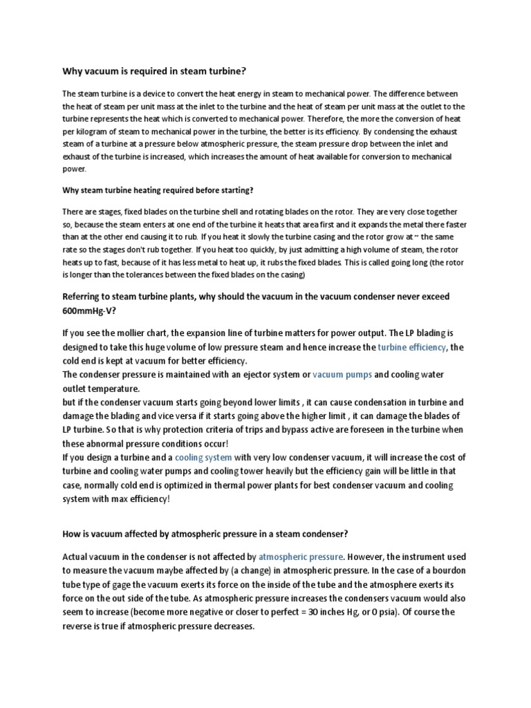 WH Vacuum in Steam Turbine PDF Turbine Vacuum