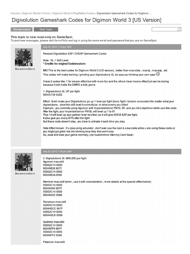 Digivolution Gameshark Codes For Digimon World 3 (US Version) | PDF