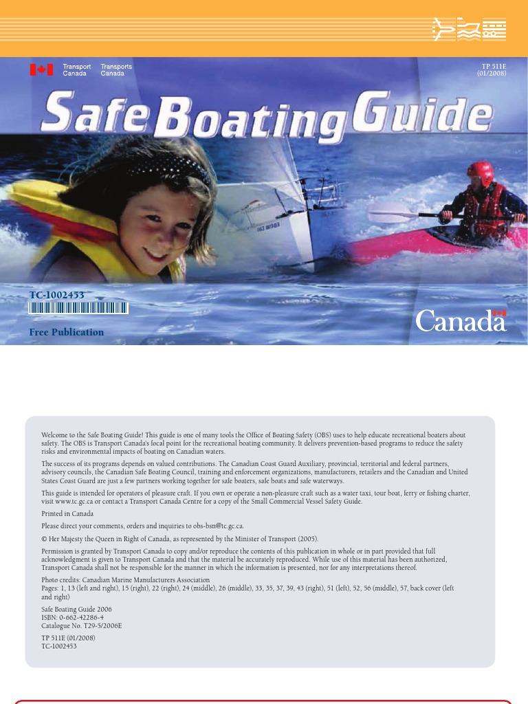 Transport Canada Safe Boating Guide  PDF Hypothermia Water