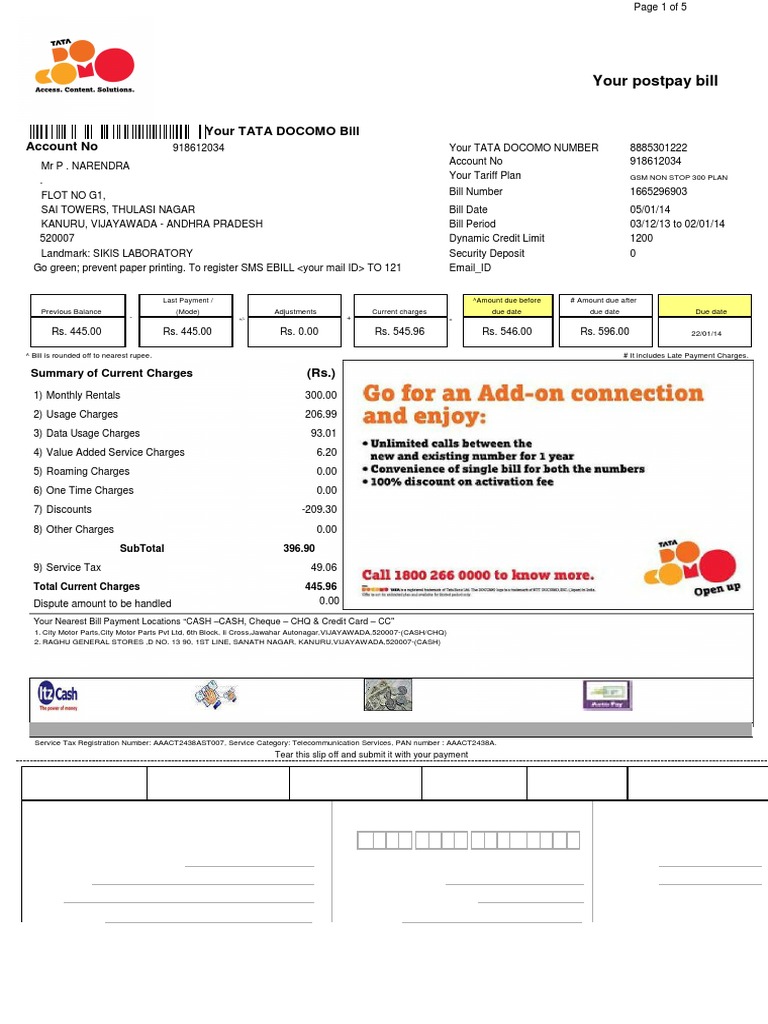 TATA DOCOMO Postpay Bill | PDF