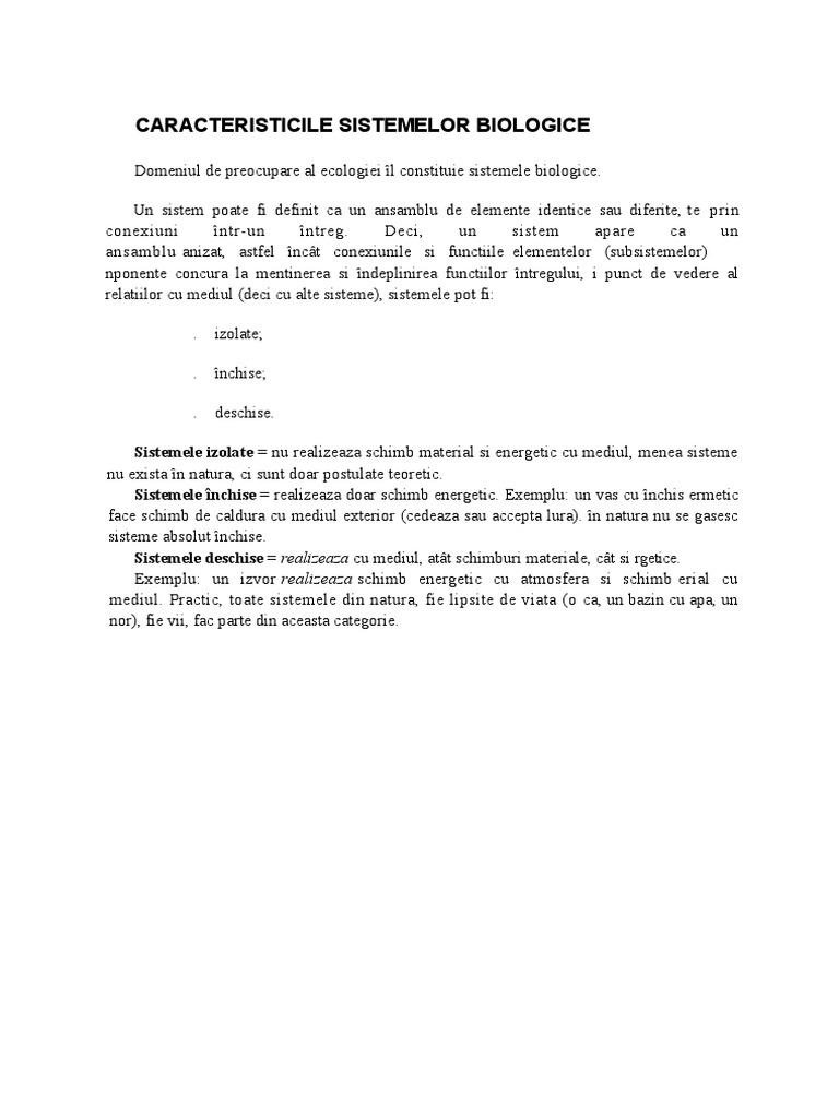 Caracteristicile Sistemelor Biologice | PDF