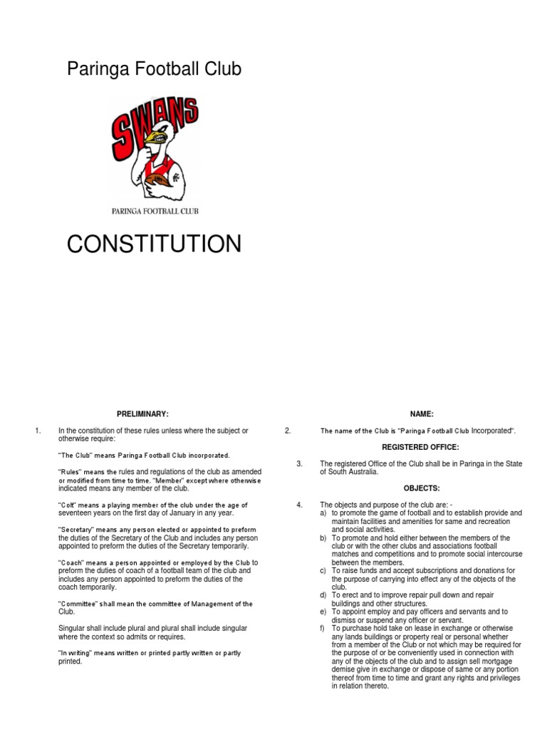 Paringa Football Club Constitution Committee Quorum